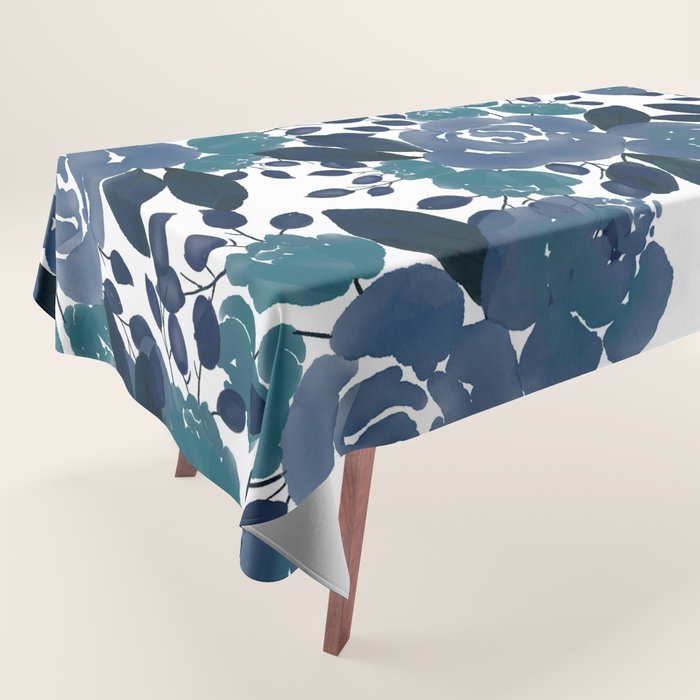 Watercolor navy blue mauve green blue roses flowers Tablecloth Gallery Image 1