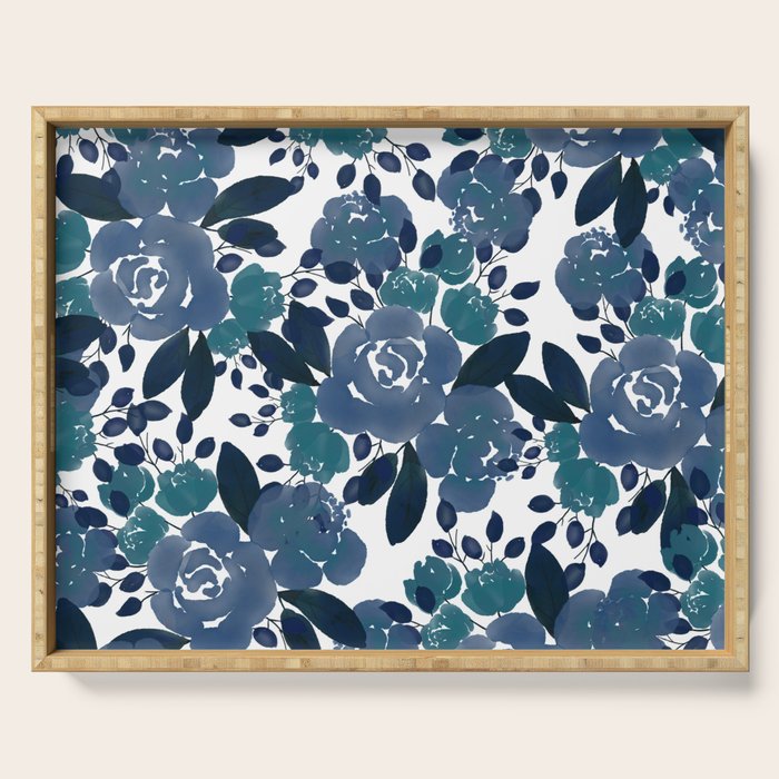 Watercolor navy blue mauve green blue roses flowers Serving Tray Gallery Image 1