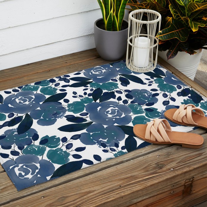 Watercolor navy blue mauve green blue roses flowers Outdoor Rug Gallery Image 2