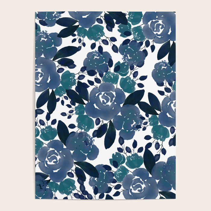 Watercolor navy blue mauve green blue roses flowers Poster Gallery Image 4