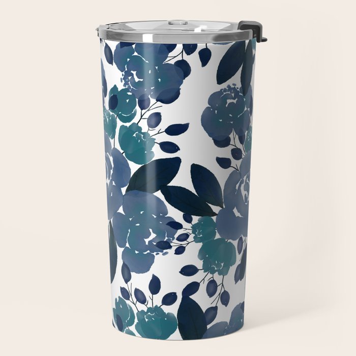 Watercolor navy blue mauve green blue roses flowers Travel Mug Gallery Image 2