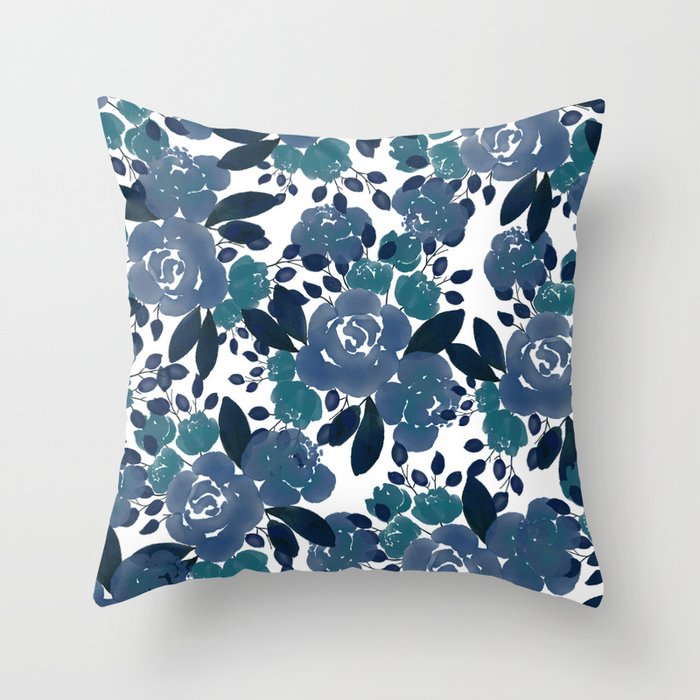 Watercolor navy blue mauve green blue roses flowers Throw Pillow Gallery Image 1