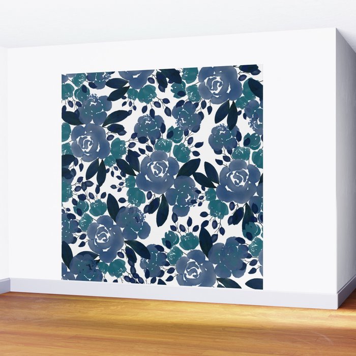 Watercolor navy blue mauve green blue roses flowers Wall Mural Gallery Image 2
