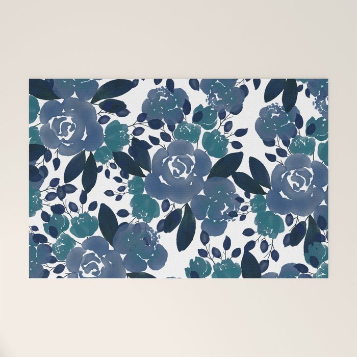 Watercolor navy blue mauve green blue roses flowers Welcome Mat Gallery Image 1