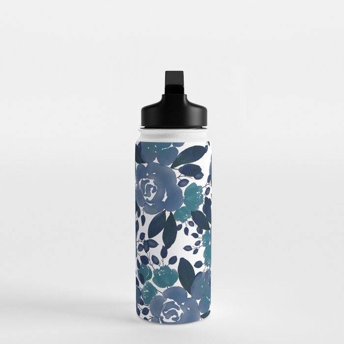 Watercolor navy blue mauve green blue roses flowers Water Bottle Gallery Image 3