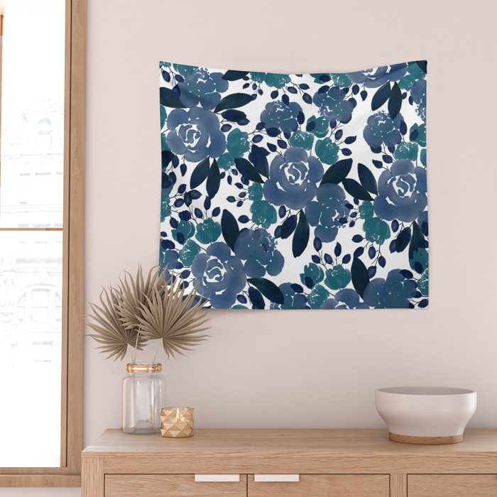 Watercolor navy blue mauve green blue roses flowers Wall Tapestry Gallery Image 2