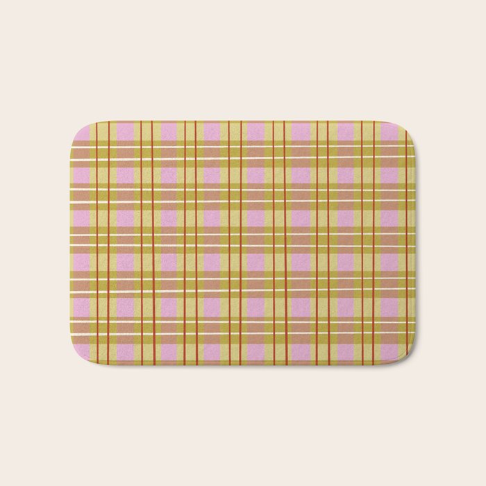 Modern Pastel Plaid Pattern  Soft Pink Olive and Beige Tartan Bath Mat Gallery Image 1
