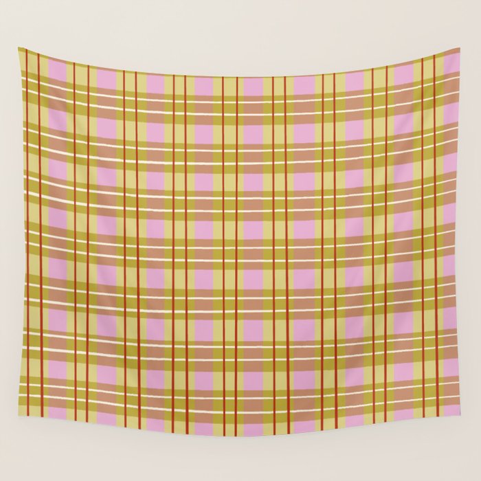 Modern Pastel Plaid Pattern  Soft Pink Olive and Beige Tartan Wall Tapestry Gallery Image 4