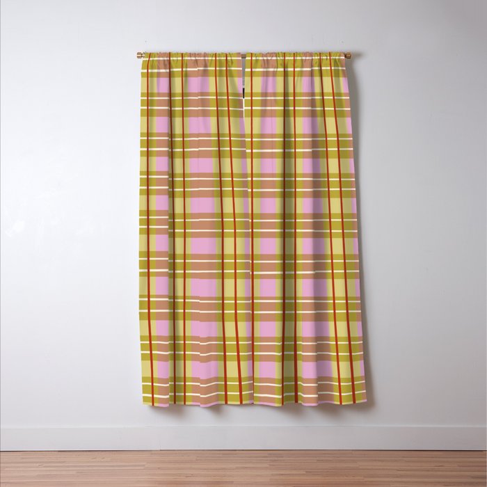 Modern Pastel Plaid Pattern  Soft Pink Olive and Beige Tartan Window Curtain Gallery Image 3