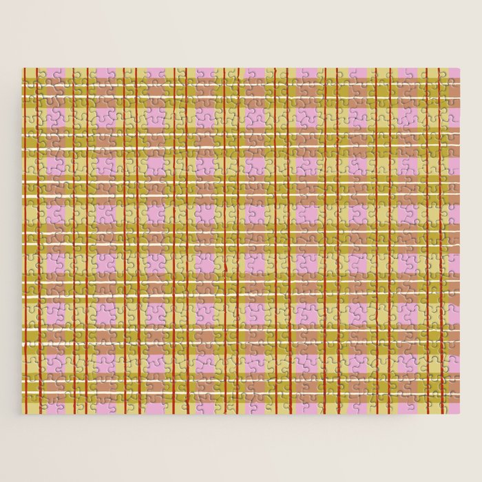 Modern Pastel Plaid Pattern  Soft Pink Olive and Beige Tartan Jigsaw Puzzle Gallery Image 1