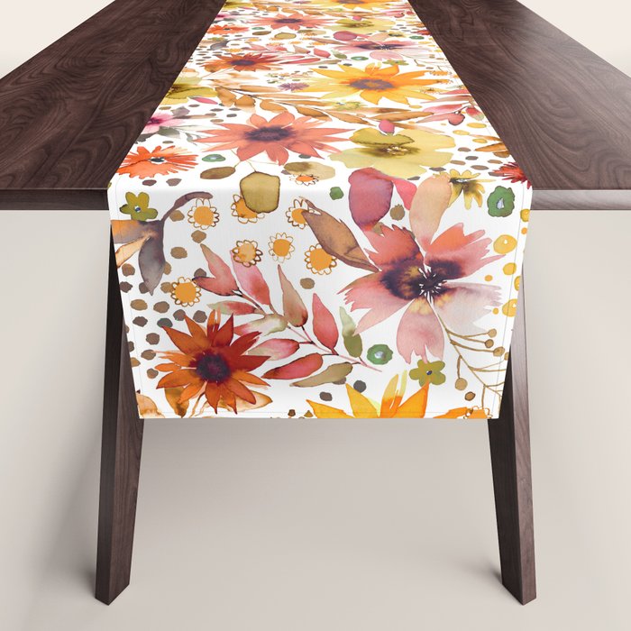 Watercolor Autumn Floral Sunflowers Warm Orange Table Runner Gallery Image 1