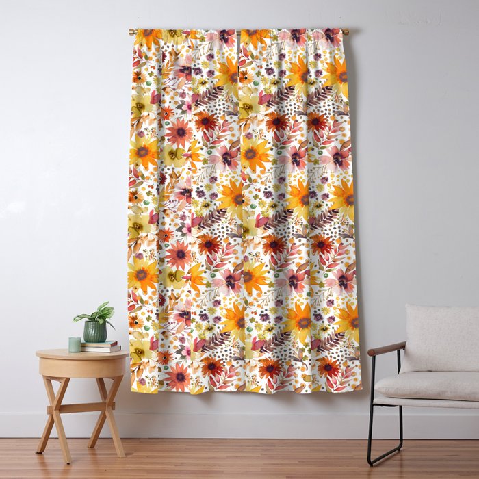 Watercolor Autumn Floral Sunflowers Warm Orange Window Curtain Gallery Image 1