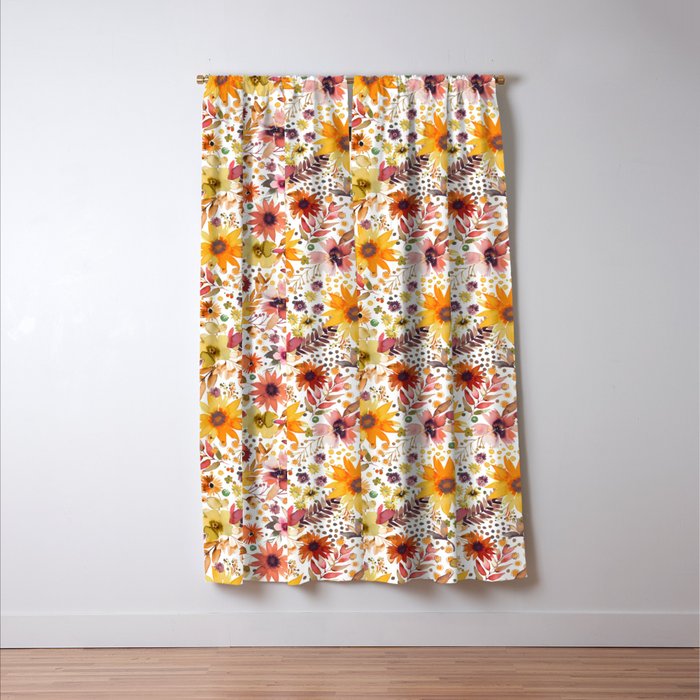Watercolor Autumn Floral Sunflowers Warm Orange Window Curtain Gallery Image 3