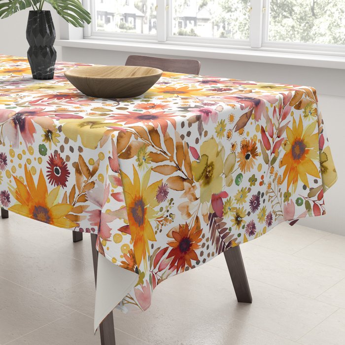 Watercolor Autumn Floral Sunflowers Warm Orange Tablecloth Gallery Image 3