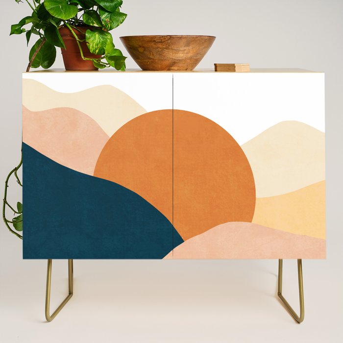 Sunrise landscape in yellow, orange, blue Credenza Gallery Image 1