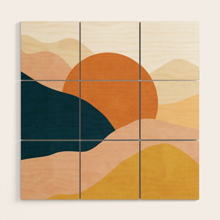 Sunrise landscape in yellow, orange, blue Wood Wall Art Gallery Image 1
