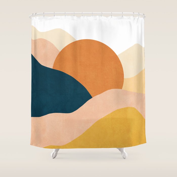 Sunrise landscape in yellow, orange, blue Shower Curtain Gallery Image 1