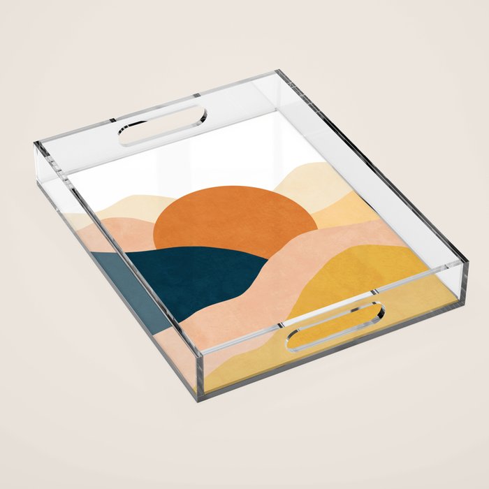 Sunrise landscape in yellow, orange, blue Acrylic Tray Gallery Image 1