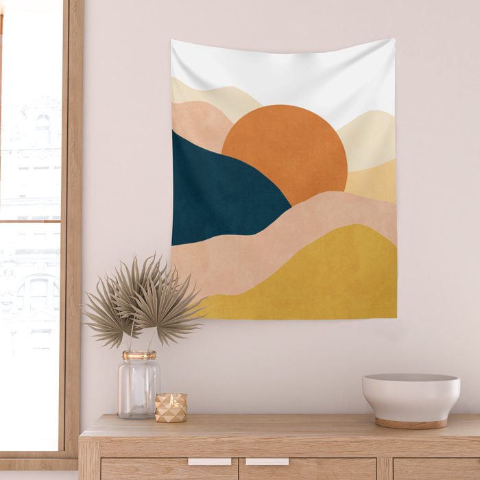 Sunrise landscape in yellow, orange, blue Wall Tapestry Gallery Image 2