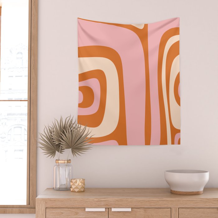 Tiki Abstract Minimalist Mid-Century Modern Pattern Pink Orange Cream Wall Tapestry Gallery Image 2