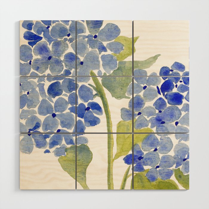 Blue Gouache Hydrangea Wood Wall Art Gallery Image 1