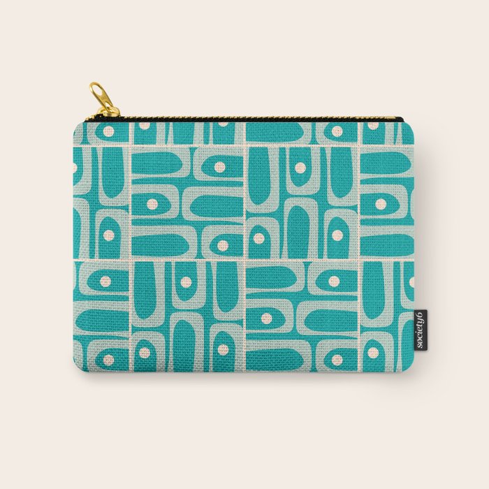 Mid Century Modern Piquet Abstract Geometric Multi Tiled Pattern in Aqua Teal and Cream Carry All Pouch Gallery Image 1