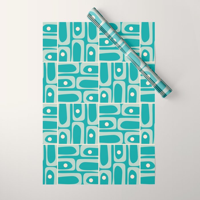 Mid Century Modern Piquet Abstract Geometric Multi Tiled Pattern in Aqua Teal and Cream Wrapping Paper Gallery Image 1