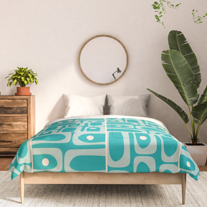 Mid Century Modern Piquet Abstract Geometric Multi Tiled Pattern in Aqua Teal and Cream Comforter Gallery Image 3