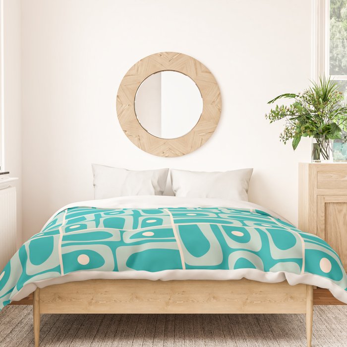 Mid Century Modern Piquet Abstract Geometric Multi Tiled Pattern in Aqua Teal and Cream Duvet Cover Gallery Image 3