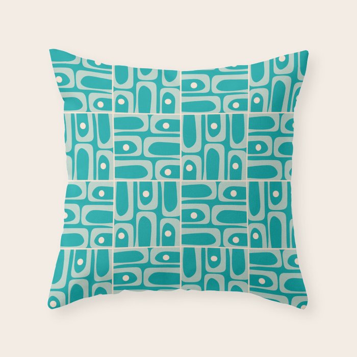 Mid Century Modern Piquet Abstract Geometric Multi Tiled Pattern in Aqua Teal and Cream Throw Pillow Gallery Image 1