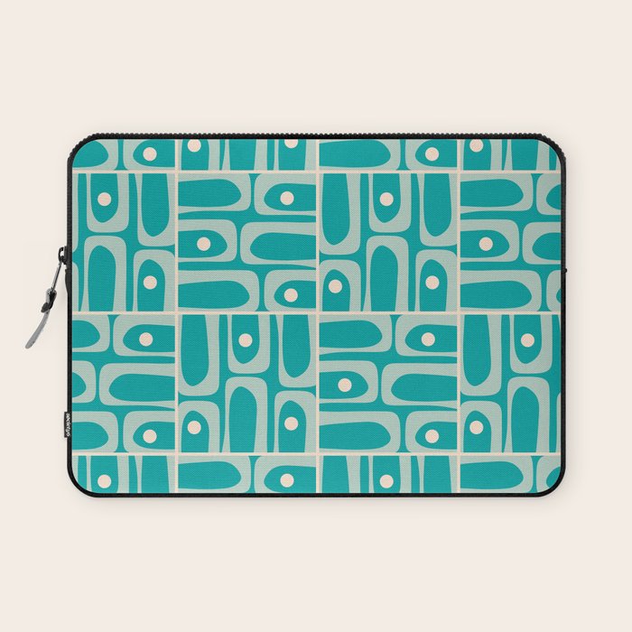 Mid Century Modern Piquet Abstract Geometric Multi Tiled Pattern in Aqua Teal and Cream Laptop Sleeve Gallery Image 1