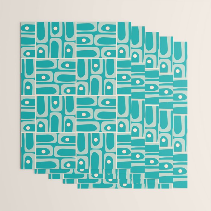 Mid Century Modern Piquet Abstract Geometric Multi Tiled Pattern in Aqua Teal and Cream Wrapping Paper Gallery Image 3