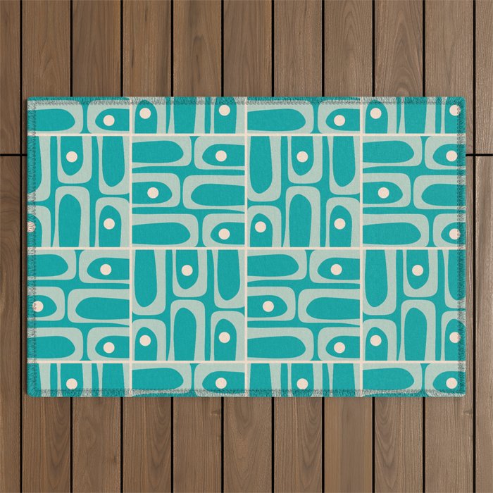 Mid Century Modern Piquet Abstract Geometric Multi Tiled Pattern in Aqua Teal and Cream Outdoor Rug Gallery Image 1