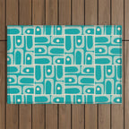 Mid Century Modern Piquet Abstract Geometric Multi Tiled Pattern in Aqua Teal and Cream Outdoor Rug Gallery Image 1