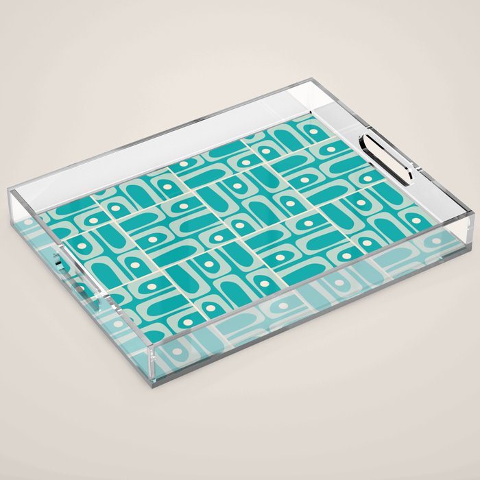 Mid Century Modern Piquet Abstract Geometric Multi Tiled Pattern in Aqua Teal and Cream Acrylic Tray Gallery Image 1