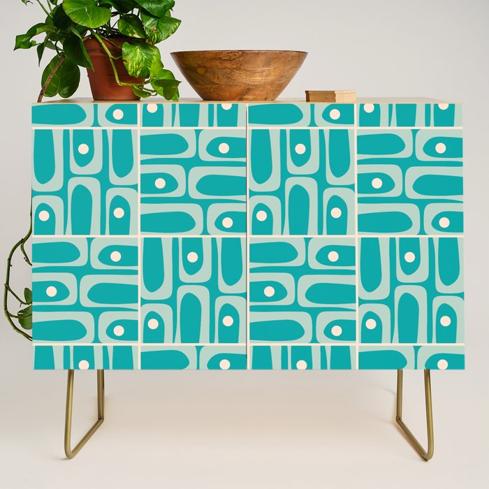 Mid Century Modern Piquet Abstract Geometric Multi Tiled Pattern in Aqua Teal and Cream Credenza Gallery Image 1