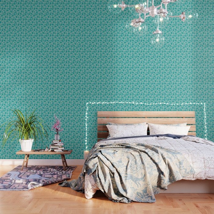 Mid Century Modern Piquet Abstract Geometric Multi Tiled Pattern in Aqua Teal and Cream Wallpaper Gallery Image 3