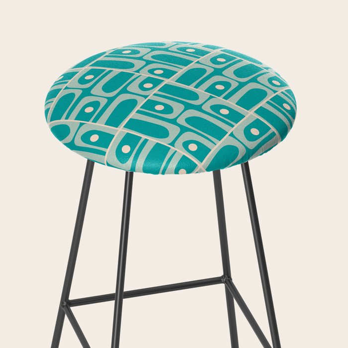 Mid Century Modern Piquet Abstract Geometric Multi Tiled Pattern in Aqua Teal and Cream Stool Gallery Image 2