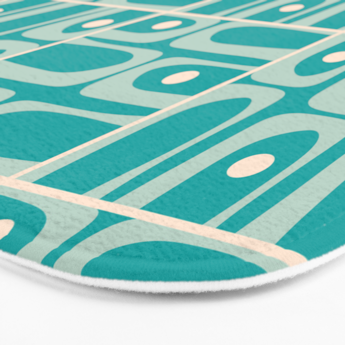 Mid Century Modern Piquet Abstract Geometric Multi Tiled Pattern in Aqua Teal and Cream Bath Mat Gallery Image 3