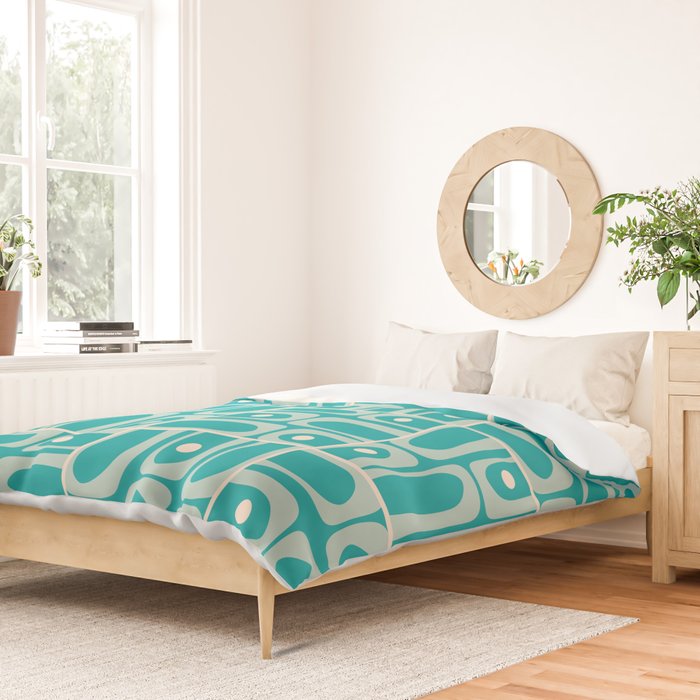 Mid Century Modern Piquet Abstract Geometric Multi Tiled Pattern in Aqua Teal and Cream Duvet Cover Gallery Image 2