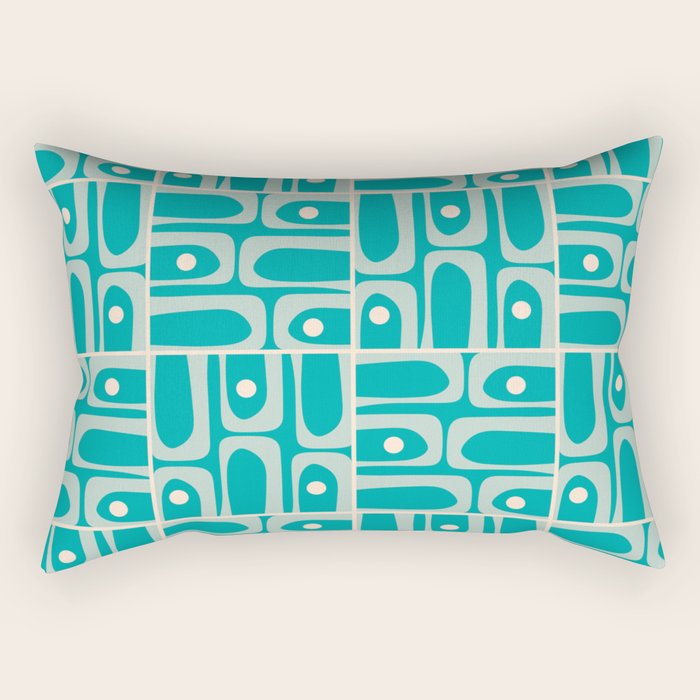 Mid Century Modern Piquet Abstract Geometric Multi Tiled Pattern in Aqua Teal and Cream Rectangular Pillow Gallery Image 2