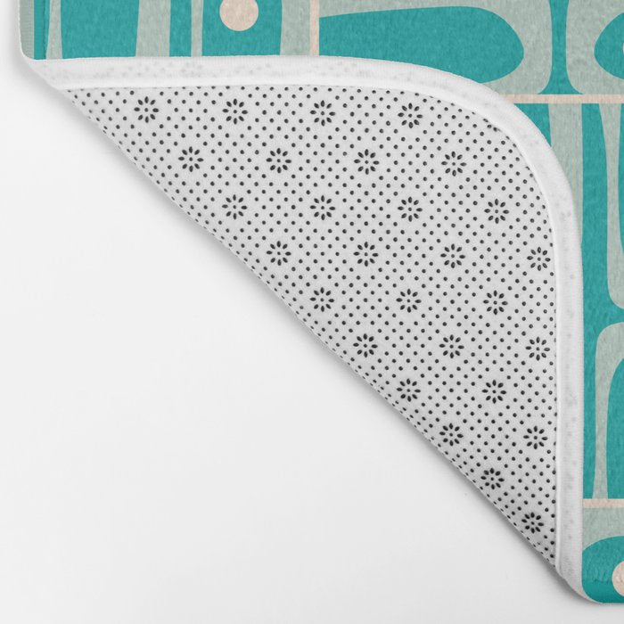 Mid Century Modern Piquet Abstract Geometric Multi Tiled Pattern in Aqua Teal and Cream Bath Mat Gallery Image 2