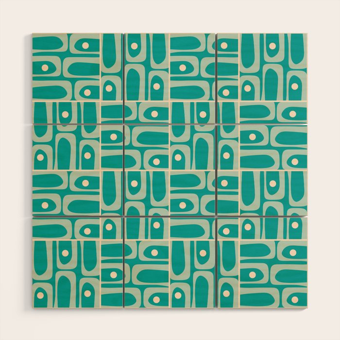 Mid Century Modern Piquet Abstract Geometric Multi Tiled Pattern in Aqua Teal and Cream Wood Wall Art Gallery Image 1