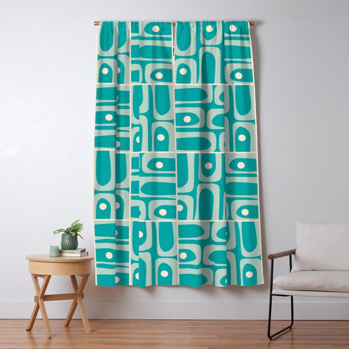 Mid Century Modern Piquet Abstract Geometric Multi Tiled Pattern in Aqua Teal and Cream Window Curtain Gallery Image 5