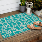 Mid Century Modern Piquet Abstract Geometric Multi Tiled Pattern in Aqua Teal and Cream Outdoor Rug Gallery Image 2