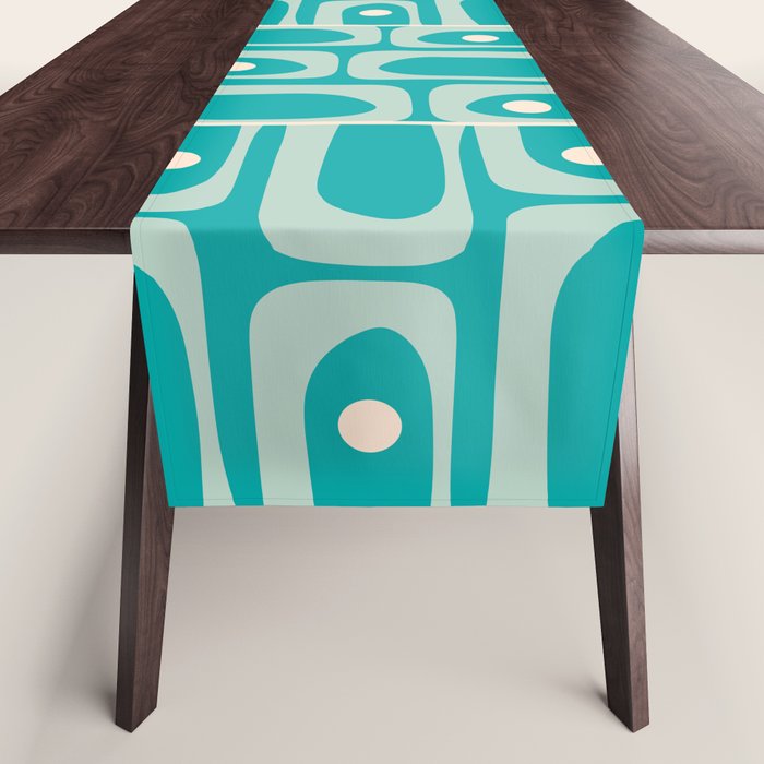 Mid Century Modern Piquet Abstract Geometric Multi Tiled Pattern in Aqua Teal and Cream Table Runner Gallery Image 1