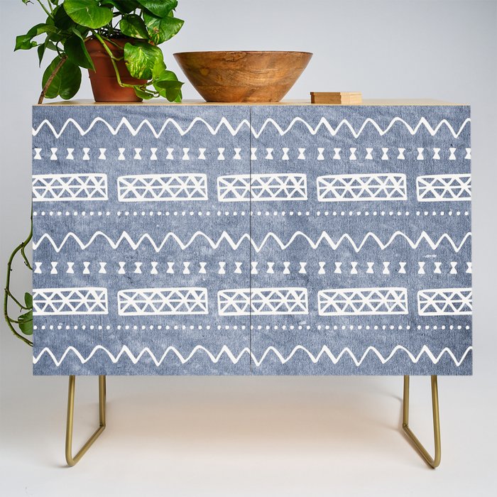 Blue and White Bow Tie Zig Zag Mud Cloth Pattern  Credenza Gallery Image 1