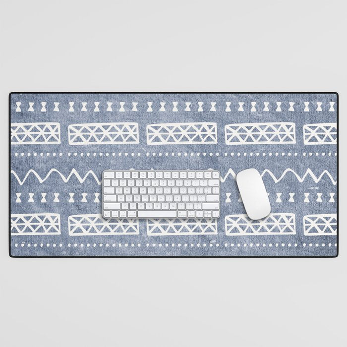 Blue and White Bow Tie Zig Zag Mud Cloth Pattern  Desk Mat Gallery Image 1