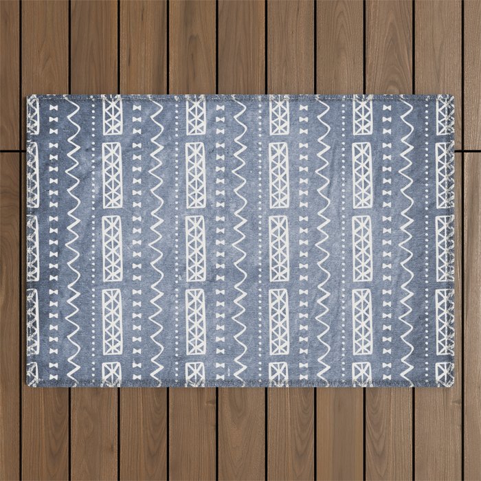 Blue and White Bow Tie Zig Zag Mud Cloth Pattern  Outdoor Rug Gallery Image 1
