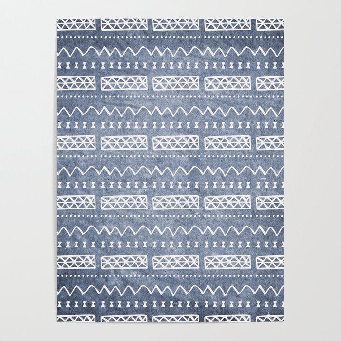 Blue and White Bow Tie Zig Zag Mud Cloth Pattern  Poster